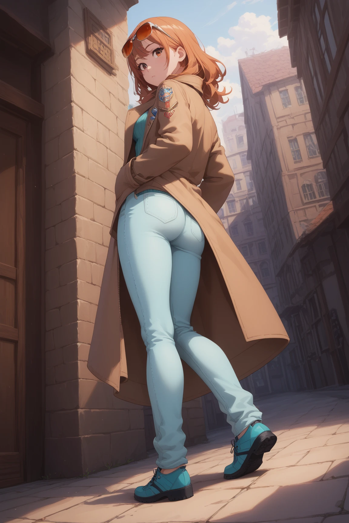 (masterpiece, best quality:1.4), solo, 1girl, sonia, smile, looking at viewer, side ponytail, heart hair ornament, eyewear on head, (pants, jeans:2), (full body:1.5), giantess, smile, (from below:2), thick thighs, (large breasts:1.5), (looming:1.3), mature female, high quality, hd quality, masterpiece, photorealistic, stepping, shoe soles, close-up foot, intense angle, :), very low angle, female pervert, toragao, licking lips, licking own lips, smile, knee up, GTScity, giantess, city, buildings, perfect hand, brown footwear, leather boots, (green sweater, aqua eyes, trench coat, brown trench coat:1.6), (tight pants:1.8), collarbone, (destruction:1.6), peace sign, (holding own breast:2), holding own chest, groping, (groping self:2), Stepping, Rampage, (standing on one leg:2), pov under foot, shoe soles, (knee up:1.2), GTSCity, city buildings, smoke, dynamic angle, dynamic pose,