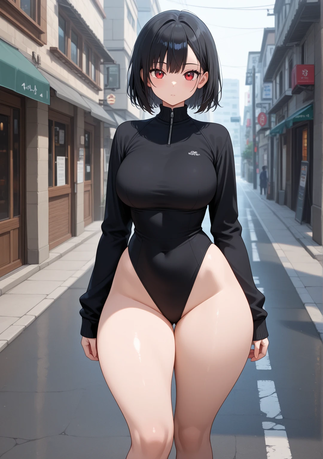there is a woman in a black bodysuit walking in a parking lot, cute girl wearing tank suit, thicc, tight black tank top and shorts, standing in a parking lot, thick thighs, is wearing a swimsuit, on a parking lot, outside in parking lot, she is wearing a black tank top, thick body, she has a jiggly fat round belly