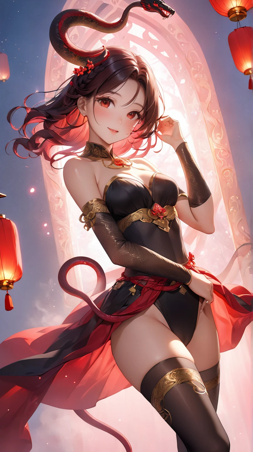 sexual. Stunning magica fantasy full body portrait of a busty woman in dark red racy sexy lingerie, wearing a garter belt, age 27, plunging neckline highlighting feminine features, slender body, small ears, Brown Hair, Short Wavy Hair, Smiling Happily, Dynamic Pose, Ticker, Fantasy, Extreme Detail, 4Kde, Ultra HD, Trending on ArtStation, Polished, Radiant, Vibrant, Background Lighting, (8Kdende UltraHD), Unreal Engine 5 portions, intricately detailed, 3D vray detailed