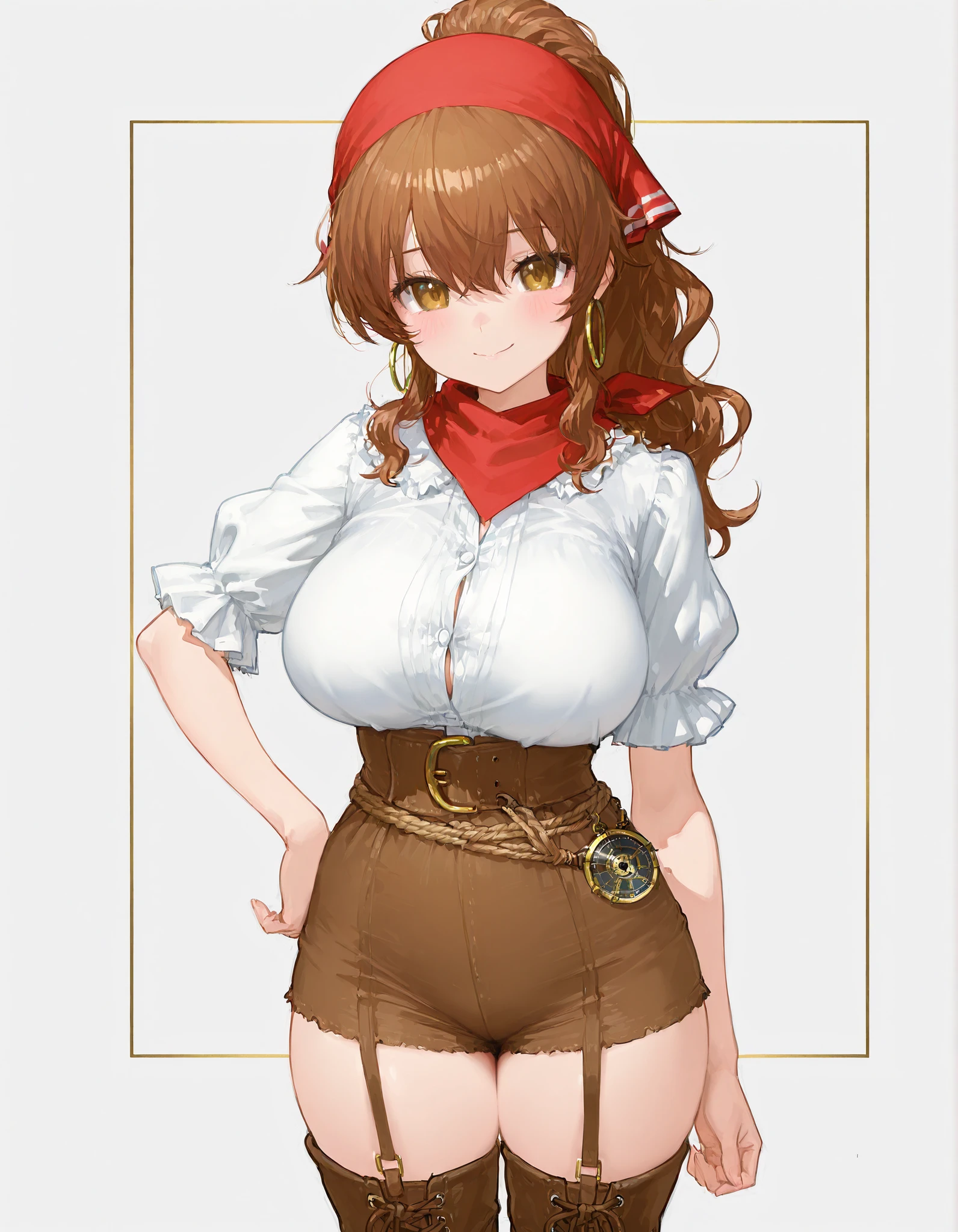 masterpiece, best quality, official anime illustration, (original character:1.2), (1girl:1.2), (solo:1.2), cowboy shot, from front, voluptuous body, large breasts, standing, rim light, sharp line-art, vivid cel shading, simple white background,
lithe 15th-century seafarer woman wearing a fitted russet-brown leather jerkin laced snugly over an ivory linen open-neck poet blouse with rolled puff sleeves, deep-navy high-waisted thigh-length breeches gathered at the hips and cinched by a thick hemp rope belt with brass buckle, tall weathered brown cuffed boots reaching mid-thigh, scarlet head-scarf bandana tied at the crown, small gold hoop earrings, battered brass compass pendant resting between her breasts, subtle stitching and salt-spray scuffs on clothing for authenticity,
long chestnut-brown wavy hair pulled through the back of the bandana into a loose high ponytail, face-framing strands fluttering, sun-kissed skin,
pose: left hand resting confidently on her hip, right arm relaxed at her side,
expression: alluring, faintly mischievous smile, half-lidded amber eyes meeting the viewer's gaze