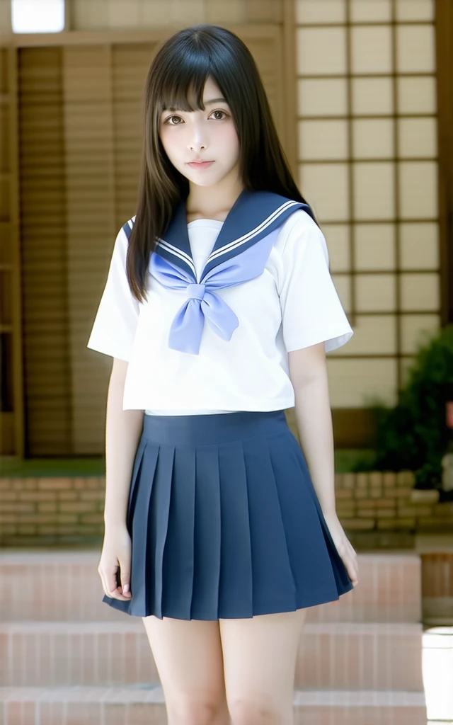 Japanese, high school girl, pure, brown eyes, smiling face, young face, long black hair, long straight black hair, white hairband, light blue and white short-sleeved sailor uniform, blue pleated skirt, black socks, blue shoes, school, inside the classroom, standing by the window, seaside park, blue sky and white cumulonimbus clouds