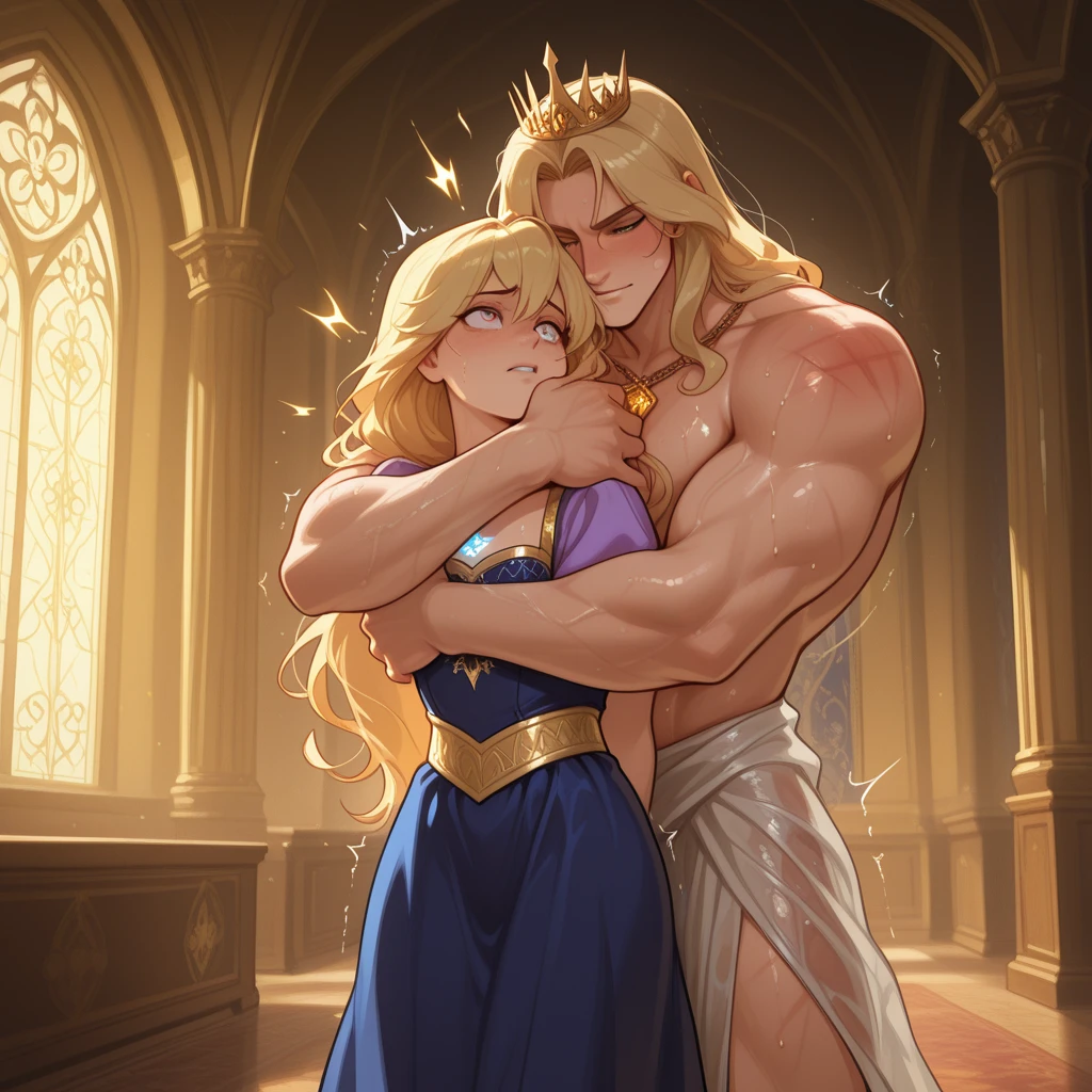 Breath of the wild, One old man king Rhoam and one young Princess Zelda, age gap, age difference, giant tall size, old man 70, long beard and long mustache white, armor and crown, face smile, hairy body, naked, big long penis erect, cumming, he carries his girlfriend strongly with both hands, sleeping hugs romance, ass fuck positions, sexy young girl 18, size tiny and skinny, a little pregnant, hairstyle blond, face embarrassing blushed, in comfort elongated bodies position for sex, one old man, one young girl, naked, nsfw, to sleep on bed castle.