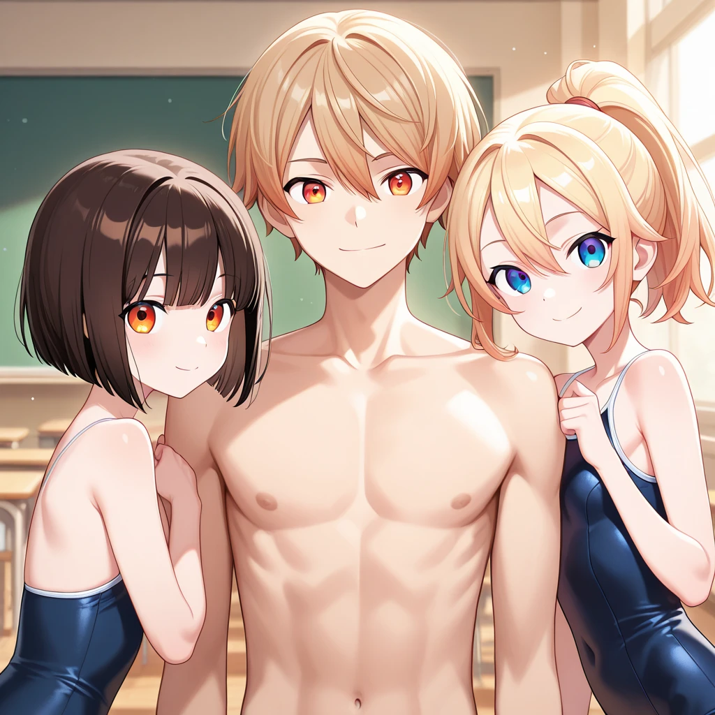 Three thirteen year old boys, athletic, strong chest, erect nipples, pointy nipples, nipples with rings, big nipples, male, very beautiful, Whole body, thin and small bikini, Strong legs.