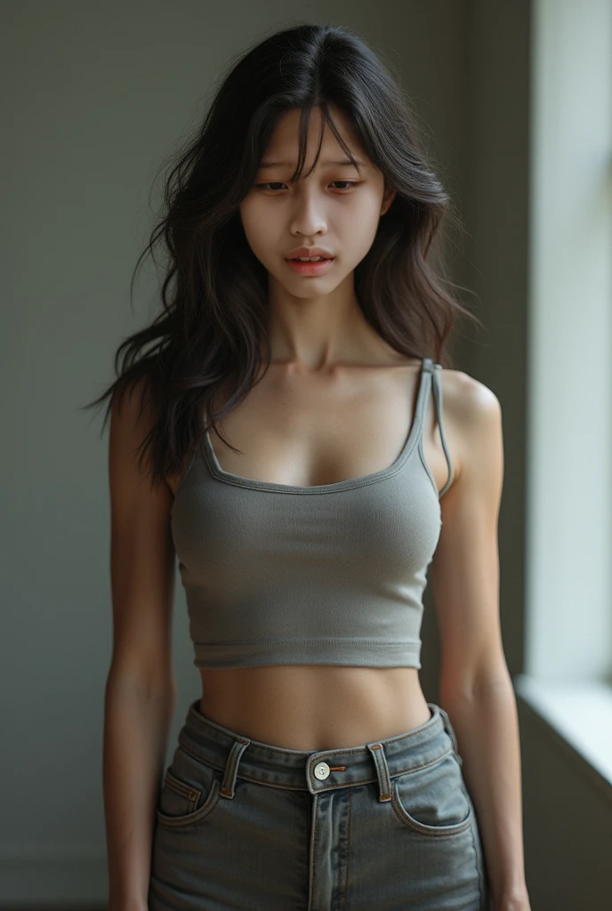 Sexy girl, black hair, in bun, wearing flared white pants, black crop top