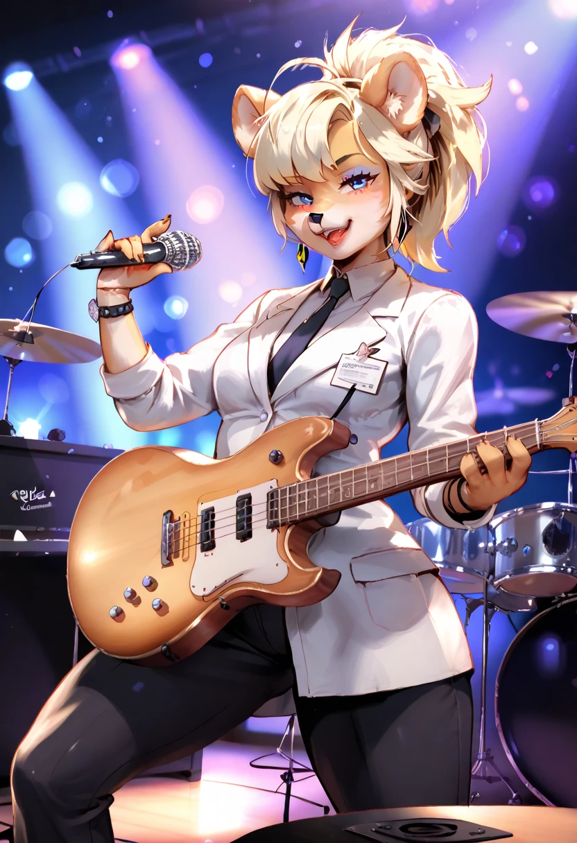 A Beautiful, Sexy Anthropomorphic Wolf. She have silver fur with light grey underbelly, silky white curly hair with green highlight, Amber Yellow Slitted eyes, with slim, curvaceous figure. She wear Black Leather Jacket over Red Crop top, black tight leather shorts, purple leg warmer with tiger stripe prints, and black heeled boots. She wear Choker Necklace, purple elbow length fingerless gloves with tiger print, and black choker wrist band. She have a feisty grin, while playing a keytar on stage. 80s style clothing.