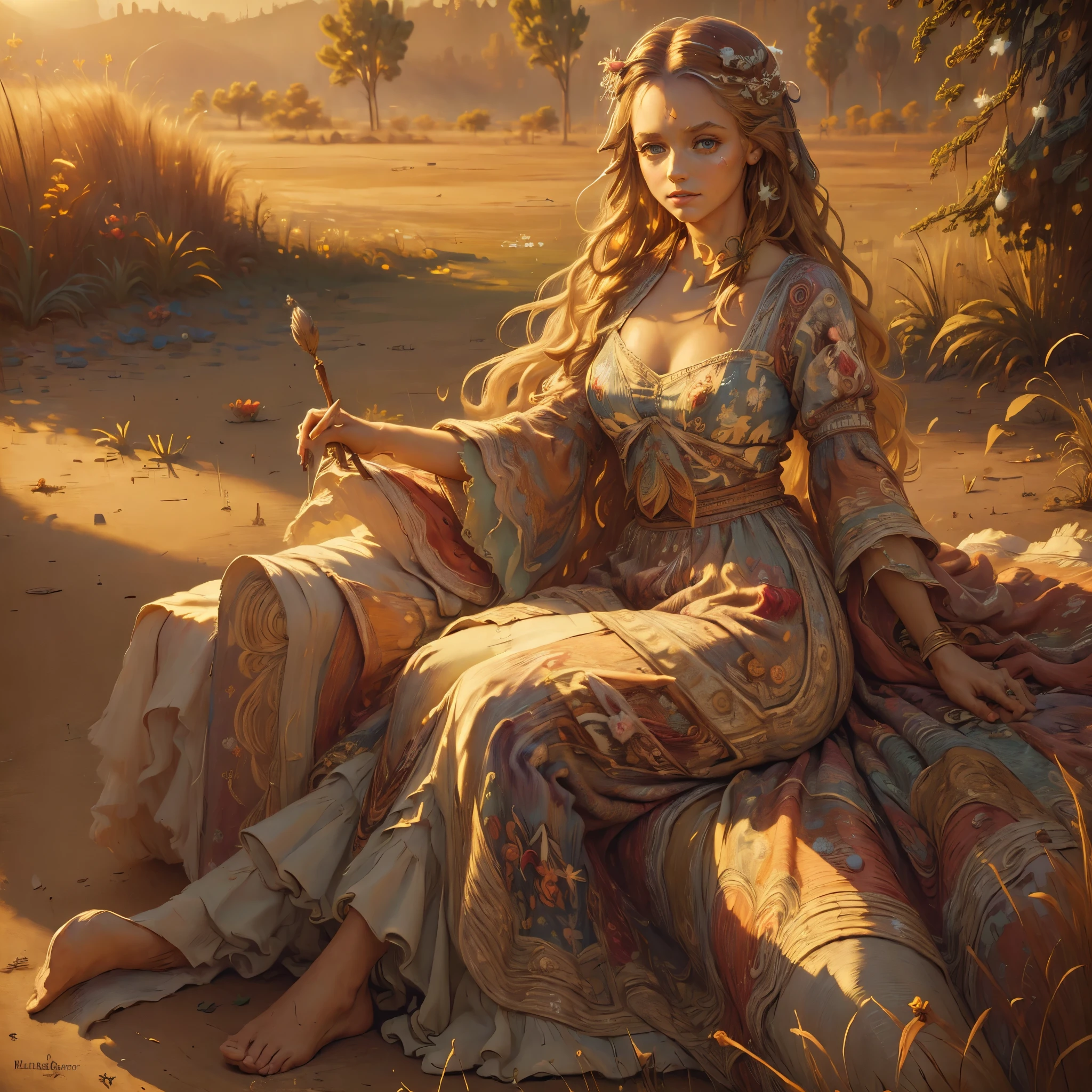 bohemian girl, free-spirited stylish woman, elegant and dreamy, stunning oil painting style portrait, soft brushstrokes, painterly texture, delicate facial features, symmetrical beautiful face, expressive hazel eyes with glistening highlights, glowing natural skin, long flowing chestnut hair, wearing a loose floral boho dress with fine fabric detail, seated gracefully in tall grass, surrounded by blooming wildflowers, golden sunlit meadow in the background, warm natural lighting, sun flares and bloom, soft wind effect on dress and hair, ethereal and romantic atmosphere, cinematic composition, golden hour colors, deep shadows and glowing highlights, rich oil pigment tones, intricate texture detail, hand-painted look, hyper-realistic fine art, gallery-quality painting, high resolution, (masterpiece:2), best quality, ultra highres, original, extremely detailed, perfect lighting, oil on canvas texture, classic realism meets bohemian fantasy