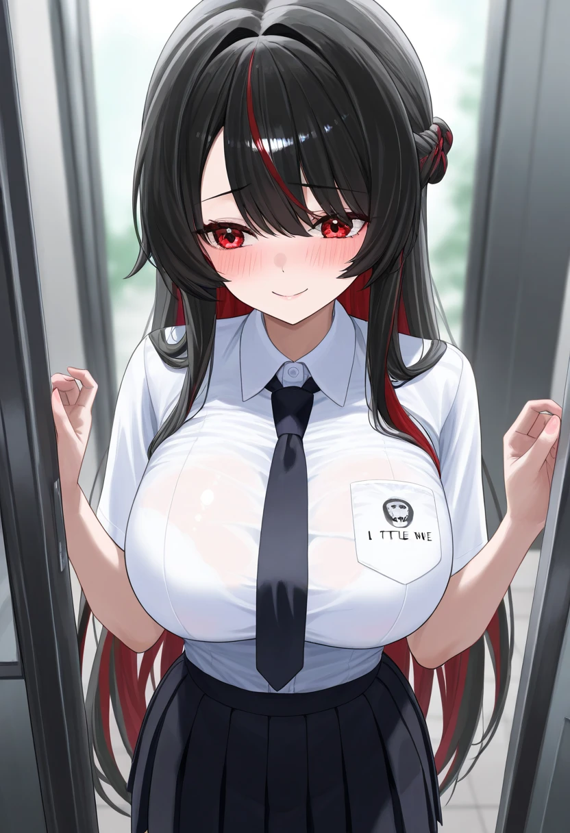 One person, Long Hair, Half-up hairstyle, Asymmetrical bangs, Large Breasts, smile, Droopy eyes, Brooding face, Perspective, high school uniform,Anime Style, Sexy Body,