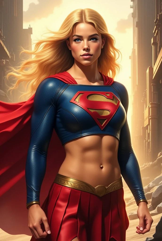 nijistyle, Cowboy shot of beautiful woman in Superman costume, the iconic red yellow and blue with a just wearing red panties, holsum and strong looking facial features, Long Blonde Hair, Heroic, cape, Particle, Clouds, skyporn, Red boots, Sexy hero Pose, large udder,
