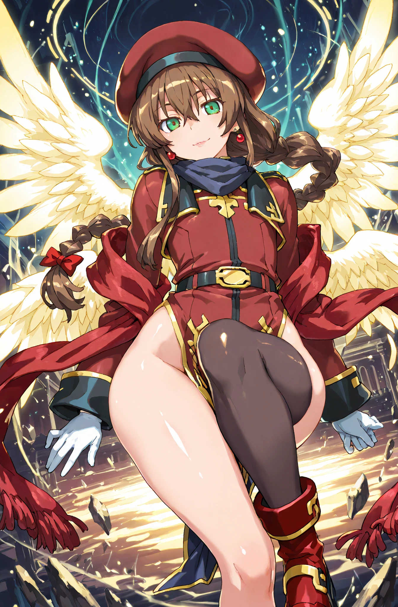 fantasy, 1angel_girl,child, loli,brown_hair, medium_bob_hair, long_bangs, halo,bare_shoulder,thighhighs,silver_armor, waist_armor, large_breasts,angry,grinning,open_mouth_teeth, 1pair_wings, dynamic_pose_fighting,floating, bare_crotch, headgear,gauntlet, greaves,city_sky_background,slightly_spread_legs, solo, groin_naked,dark_skin,