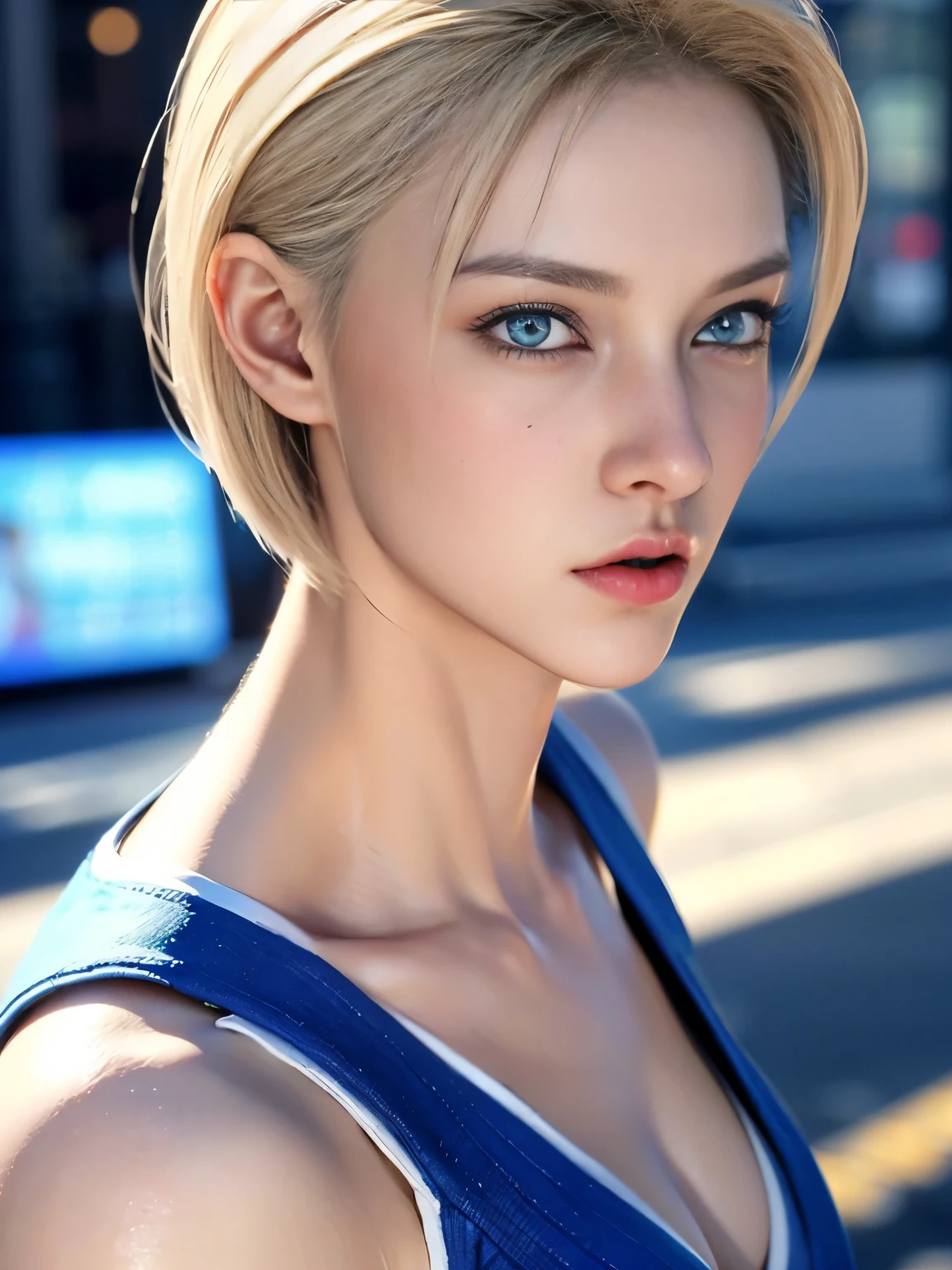 Cammy White Streeet Fighter 6, street fighter female, A short straight blonde haired british girl, bang, bob cut, blue eyes, 25 years, young, pale skin, supermodel body, medium breast, Ultra high res, uhd, (photorealistic:1.2), show vagina, DYNAMIC POSE..
