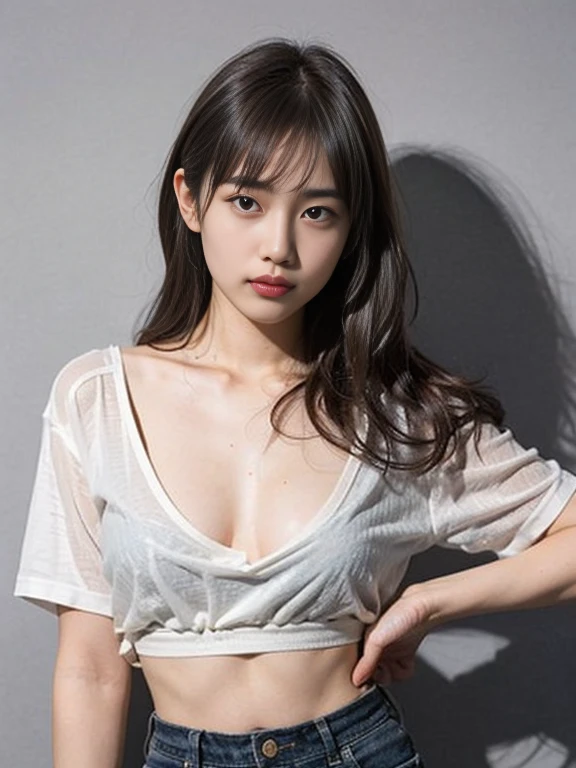 Browsing Caution、Highest quality、8K、No makeup、masterpiece、クリアなphotograph、Ultra-high resolution、Realistic、Professional Lighting、Natural light、photograph、smile、Ultra slim、Delicate body、very cute、The cutest Erina Mano、Idle class、white肌、(Small breasts:1.8、Flat Chest:1.8)、(whiteTPut on a shirt:1.8)、(Leaning forward:1.8)、(Her cleavage is visible:1.2)、(Don't show your nipples:1.8、Hide your nipples:1.8)