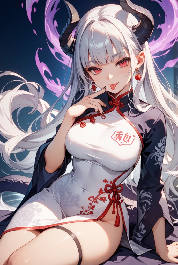 (8K、Top image quality、top-quality、​masterpiece)、1 girl in、White hair、Long、red eyes、deadpan、Open mouth、large full breasts、Open chest、jiangshi hat、cleavage、black jiangshi costume、china dress、sleeveless、thighs、yellow talisman on chest、cowboy  shot、forested background