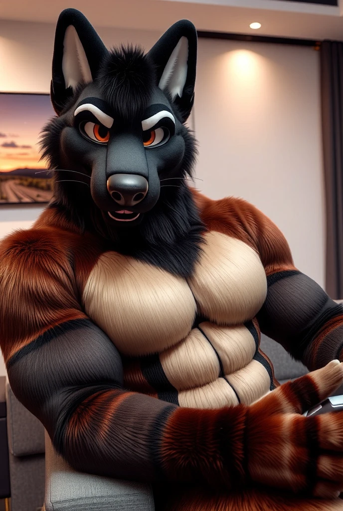 ((best quality)), ((masterpiece)), (detailed), perfect face, gaming setup, chubby hyena, topless, only underwear, big bulge, headphones on head, sitting on gaming chair, erected, pent up, leaking underwear, gaming on pc