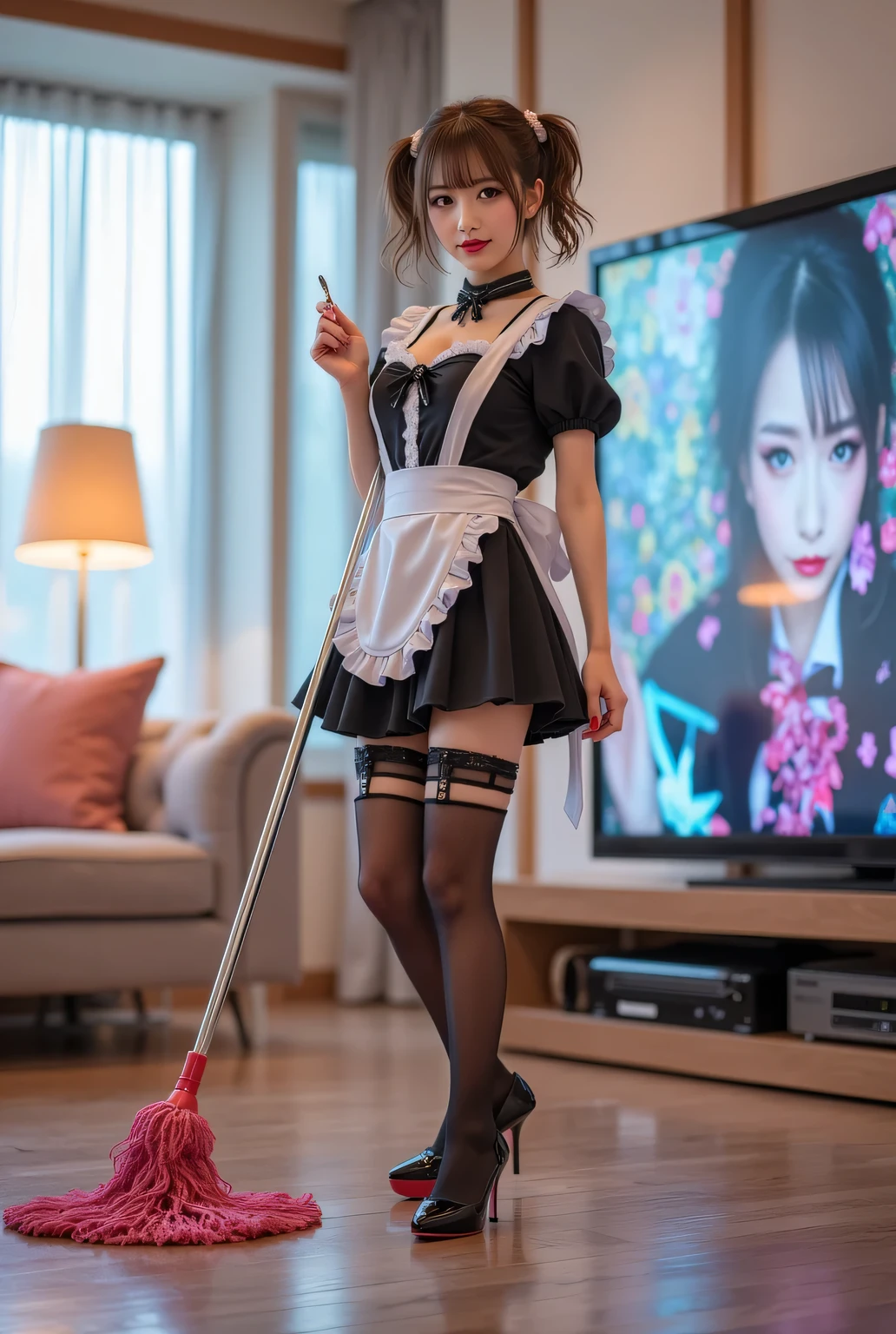 Wearing maid uniform, thigh-high tights, garter belts.
Bold mopping the floor. cleaning action pose.
Liquid crystal display, sofa.
Super beautiful Japanese girl, makeup, eyeshadows, eyeliners, long false eyelashes, light red lips, short ponytail, glamorous body.
Best quality, masterpiece, colorful to keep.