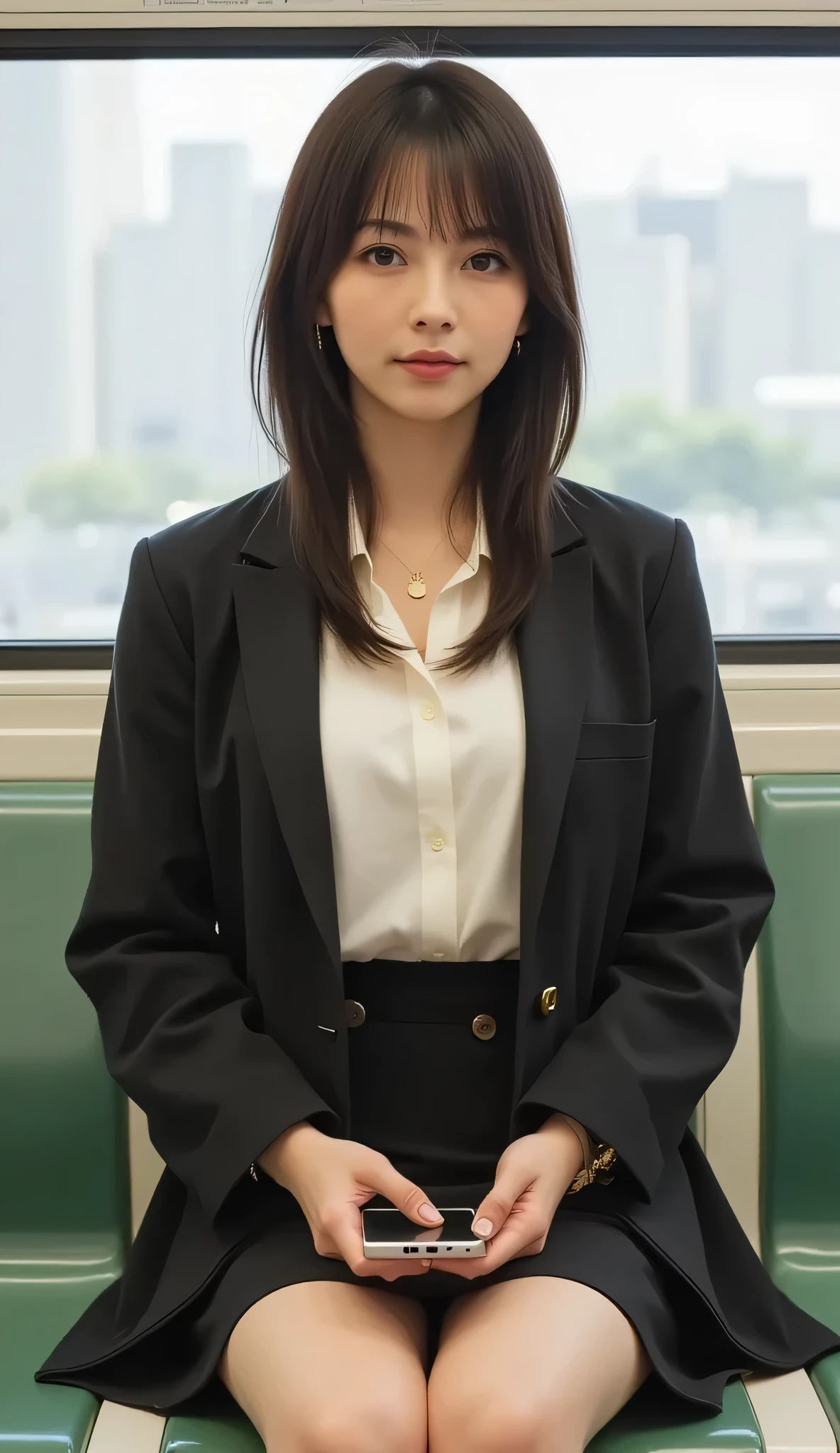20-year-old East Asian woman sitting on a subway seat, full body visible from head to ankles. She wears a white blouse, fitted blazer, and black mini skirt. Knees and legs kept straight and close together, feet flat on the floor. Looking down at smartphone with calm expression. Long straight black hair. Subway window behind her showing blurred motion outside. Natural lighting, photorealistic, cinematic depth of field, DSLR quality.