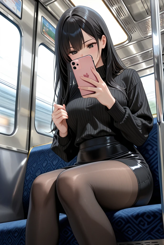 cutesexyrobutts style, 1girl, phone, train_interior, cellphone, sitting, holding_phone, thighhighs, black_hair, long_hair, smartphone, crossed_legs, holding, jewelry, solo, high_heels, bracelet, black_footwear, garter_straps, ground_vehicle, looking_at_phone, realistic, shirt, black_shirt