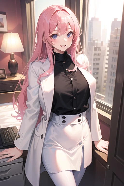 <lora:swhuazi_v1:0.8>,huazi, girl, breasts, pink hair, green eyes, solo,long hair, braid, ahoge, underwear, looking at viewersmile, masterpiece, best quality,masterpiece, best quality,halo,business_suit, masterpiece, best quality,