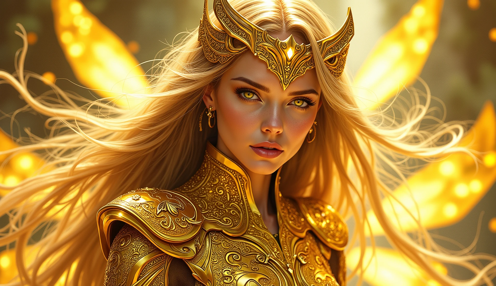 there is a woman in a golden costume standing in a sci - fio, michael whelan and karol bak, cinematic widescreen shot, portrait of ((charlize theron)), symmetric armor, cinemascope panorama, artificial intelligence princess, lady of elche, trending on artstattion, paul atreides, julie dillon --auto --s2