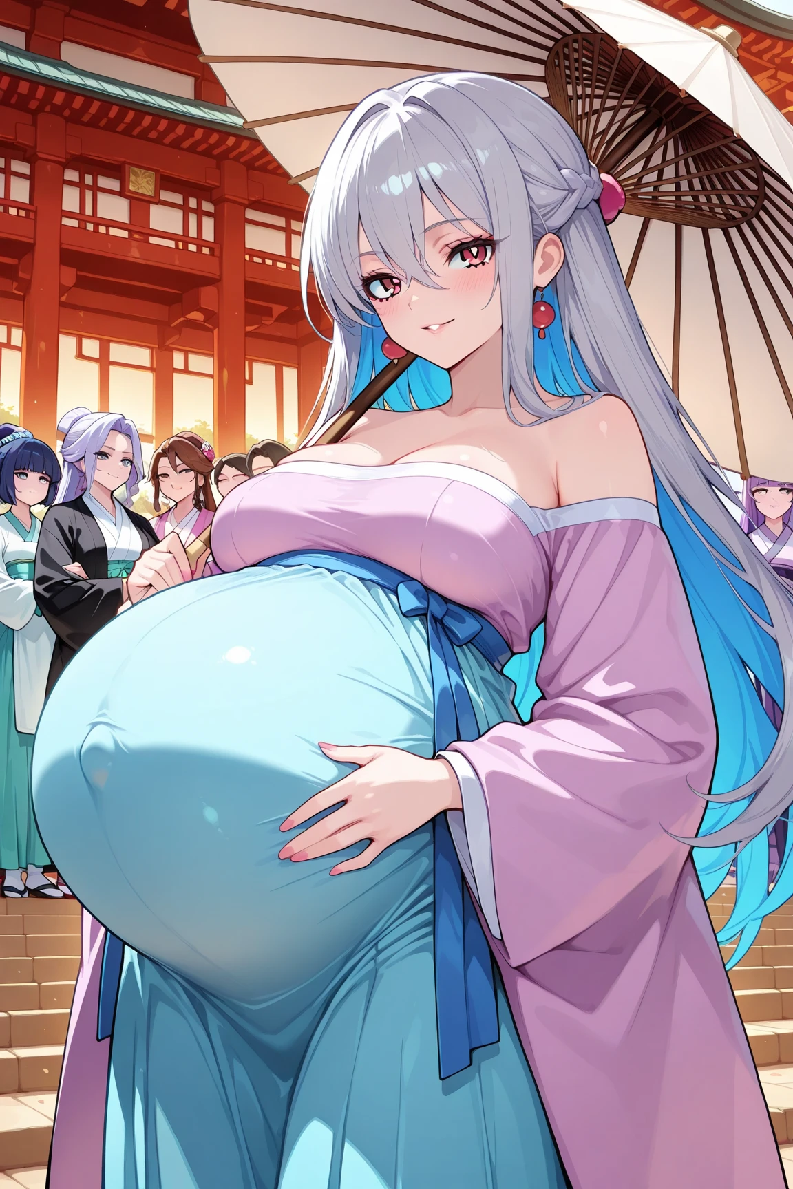 Masterpiece, Best quality, Night, full moon, 1 girl, Mature woman, Chinese style, Ancient China, The beautiful man looked at her pregnant belly and smiled, Big Baby Bump pregnant, Bigboobs, Nippur,Big black balloon big pregnant belly, Big Pregnant girl, Largest Belly of Pregnant, Huge Pregnancy, Huge 60 months gestational belly，Brown hair, Princess cut, Single strips of fried dough twisted braid, Coiled hair, Double ball head, Light pink lips, calm, Intellectual, mid hair, green pupills, Hairpin, hydrangea,