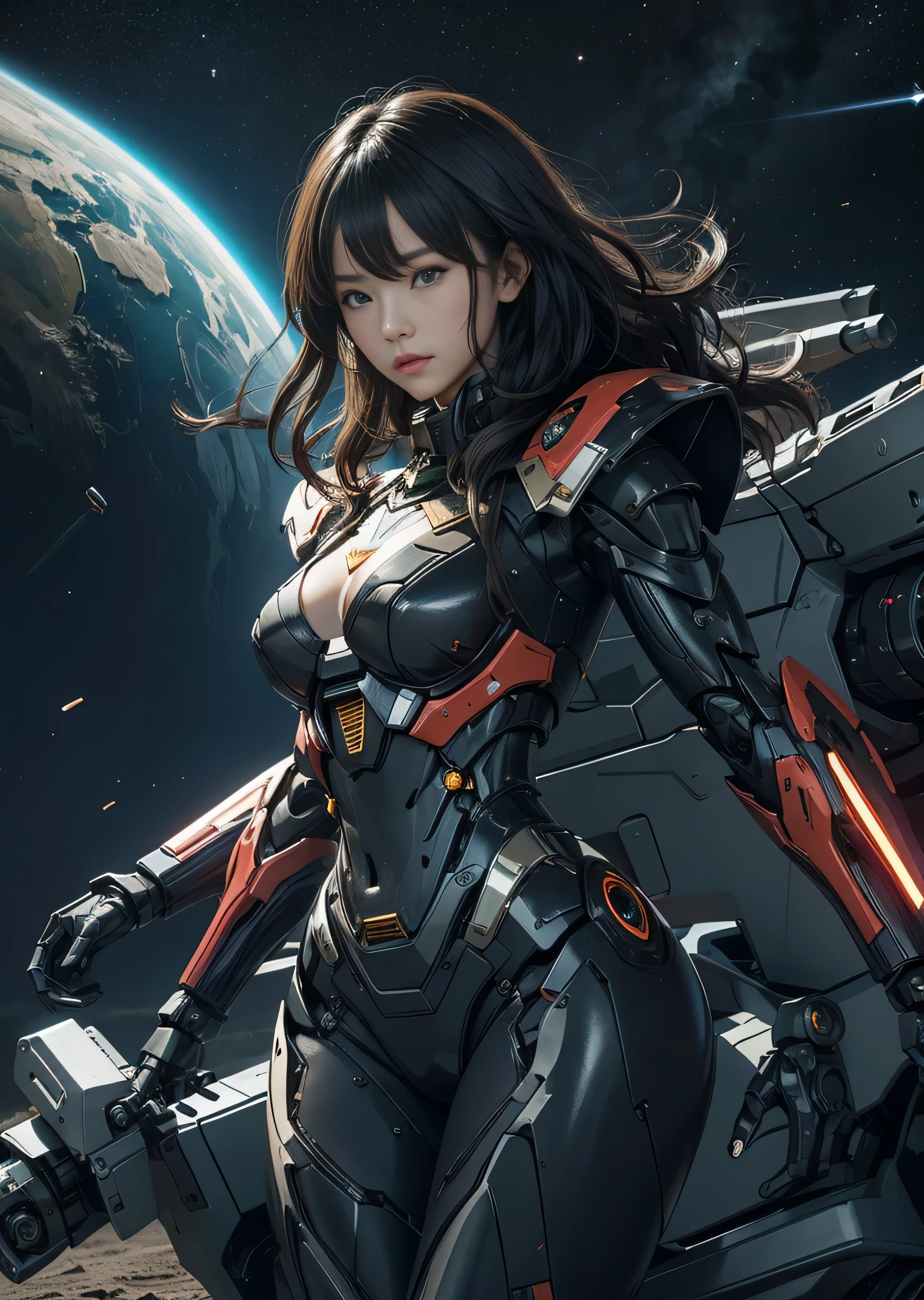 ( 4K Photorealistic ), ( whole body ), gray hair、length, flowing hair、strong wind、orange eyes、shining eyes、 Evangelion、big breasts、The face and chest are alive、cleavage is visible。photorealistic stick、portfolio、Terno mecha de metal estilo Evangelion、Cyberpunk、Gothic Lolita details、Metal、detailed mechanical components、tubular beam、Metalシリンダー、detailed neon、lead up, Fine parts, Beautiful city background with big buildings, Giant robot behind the character