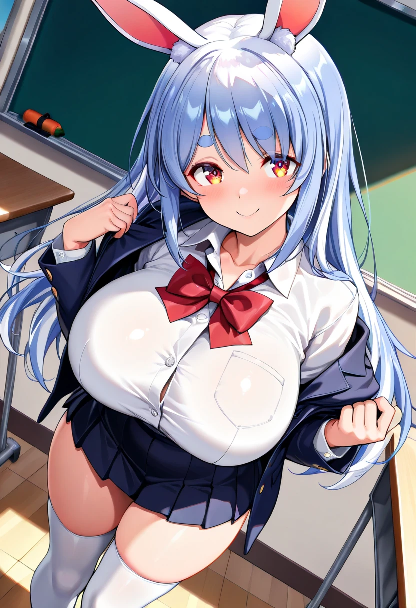 Cute naughty priestess, Pastel colors hair, large breasts, Thighs, (silver hair), blue hair, long hair, (frown, pouted:1,2, blush:1.2, wavy mouth), half updo, double bun, (naked:1.3), at the adventurer's guild, A bulletin board with posted paper