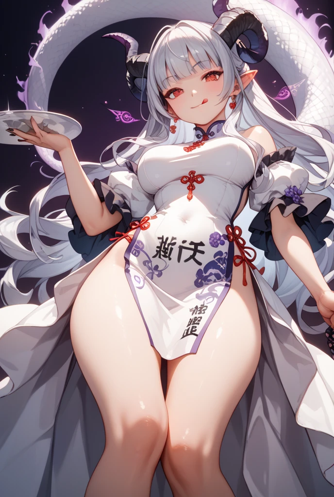 Masterpiece, Best Quality, 1girl, illustrious (The Radiance of a Maiden Lily) (azur lane), white colored hair, extra very long hair, blue eyes, hair ornaments, pectorals, cleavage, Chinese dress, Chinese Clothing, official alternate costume, White Thighs, garter straps, short sleeves, Chinese Commentary, lantern,