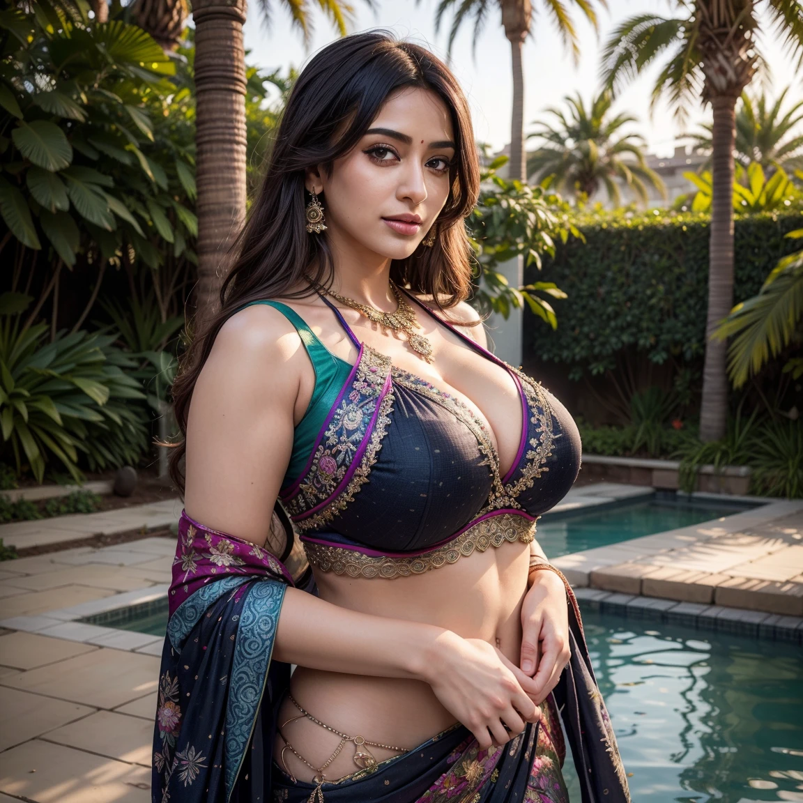 (((((((A)))))))half body of confident-looking Bangladesh woman with long and thick hair, (masterpiece, best quality:1.2), ((((((solo)))))), ((((((1girl)))))), ((looking at camera)), hazel eyes, a smile on the face, royal and lusty look, standing posing like a professional model for a photoshoot, ((((Huge Boobs)))), perfect composition and light, hyper realistic skin texture, super background decorations detailed, 8k, high quality, trending art, trending on art station, photo, intricate details, highly detailed, ((((Cropped Breast Wear)))), (((Gawadar Beach background)))), (((wearing a bright colour Saree with designs and patterns with sleeves))), (((((big sexy body shape))))), (((Gawadar Beach background behind her))), (((Portrait Fashion Photo))), hair bobbles, wince, solid circle eyes, light smile, ear blush, fang, ccurate, makeup, hairband, Surrealism, drop shadow, anaglyph, stereogram, tachi-e, pov, atmospheric perspective, glowing light, backlighting, ray tracing, image fill, anaglyph, stereogram, scanlines, speed lines, silhouette, vignetting, 8k, super detail, best quality