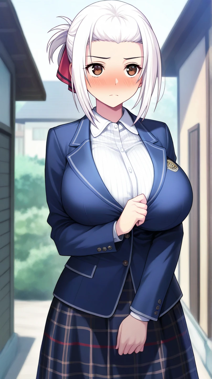 Huge breasts、Gray Hair、Very short hair、blue eyes、Narrow waist、blazer、slacks、necktie、Tall、Red cheeks、Perm、Put your arms behind your back、smile