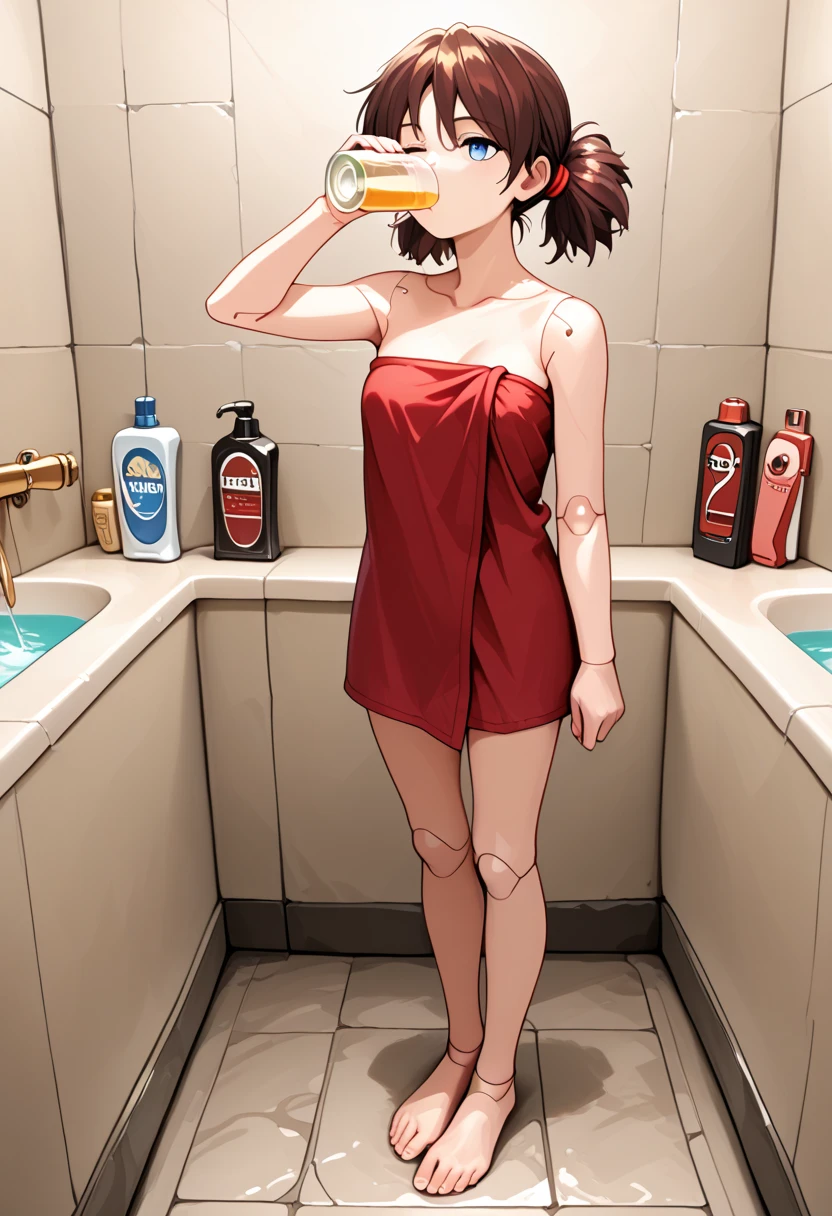 artwork, Attention to details, beautiful girl, light brown skin, big breasts, long black hair and black eyes, With a red shirt, bare legs, black panties, whole body, barefoot, trapped inside a transparent jar, waxed inside, inside the jar, whole body en el frasco, sentada inside the jar 