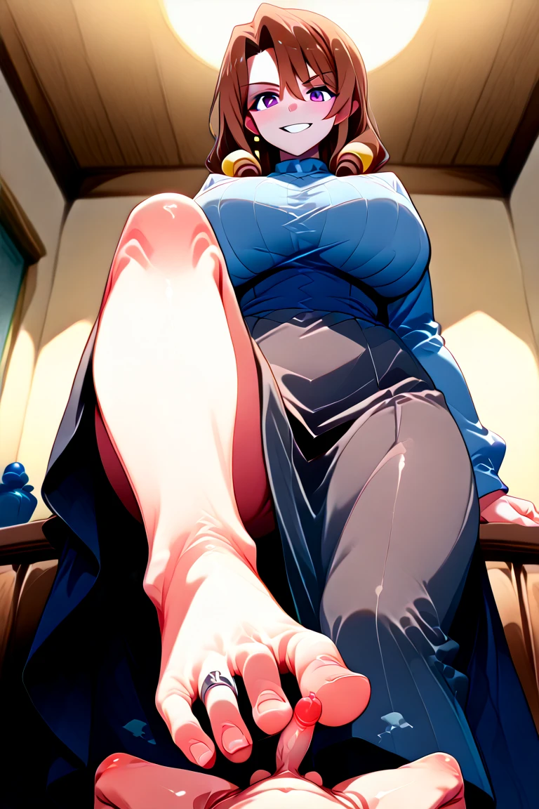  score_9,score_8_up,score_7_up, source_anime, BREAK 1girl, Oboro, sitting on the floor and showing her feet, (pov from below:1.3), micro POV, stepping on viewer, foot focus, pedi couture sandals, both detailed feet, five toes, smooth natural toenails, smirk, purple hair, short hair, blunt bangs, eyeshadow, low ponytail, lipstick, makeup, detailed face, red eyes, red long dress,bare shoulders, red elbow gloves,large breasts, thighs,necklace, mature female BREAK  best quality, official art, anime keyvisual, anime screencap