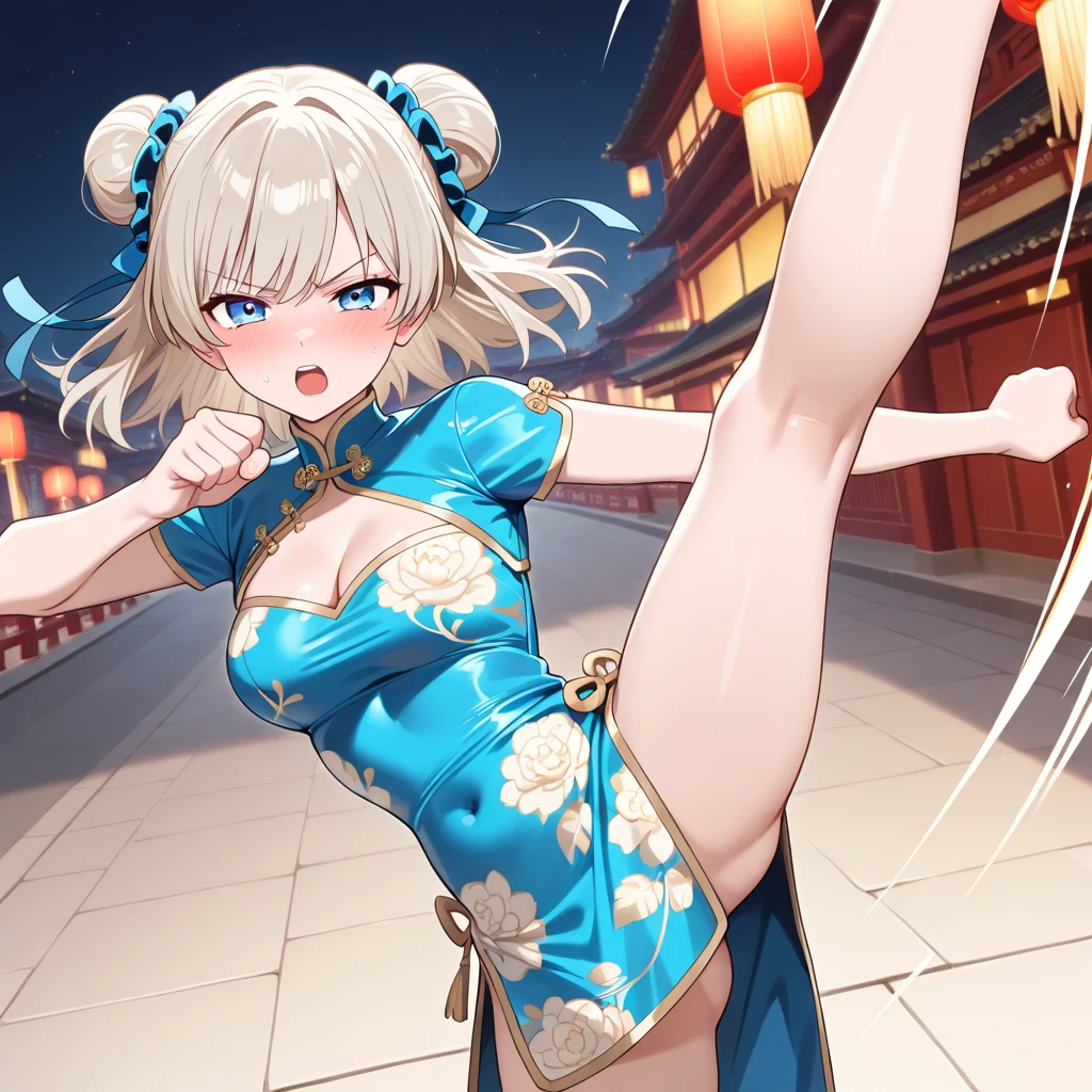 masterpiece, Highest quality, Confused, 1 girl, Looking at the audience,Embarrassed、、City、blush　smile　China dress　Red panties　tights　From below　Blonde　 ((High Kick))　(((Perfect Legs)))　Beautiful legs　Twin Tail Kung Fu　Martial Arts
