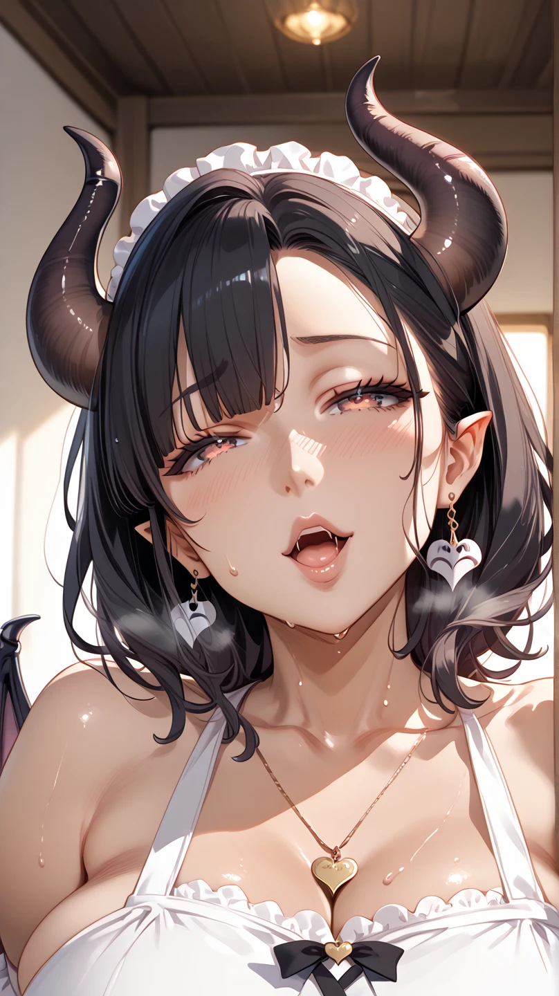 1garota,dark skin,sedutor,demon girl,demon horns,cabelo muito longo,lingerie,esclera preta,olhando para o espectador,sorriso sedutor,pele brilhante,female mature,seios enormes,corpo fumegante,red-lips,olhos vermelhos,ahegao,large breast,sfw