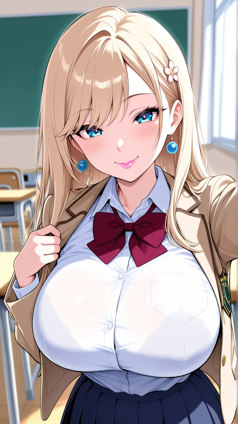 <lora:ReinaKurashikiXLpony004>,
blush,smile,parted lips,
solo,
ReinaKurashiki,1girl,blonde hair,long hair,blue eyes,
large breasts,
white shirt,red bow,sleeves rolled up,
sweater around waist,
pleated_skirt,
black socks,