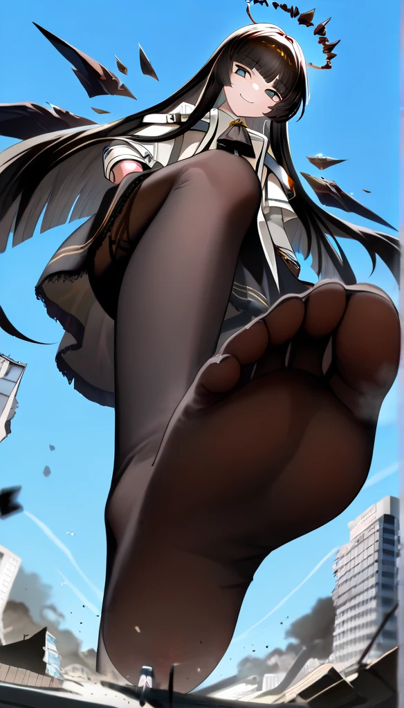 score_9, score_8_up, score_7_up, score_6_up, 1girl, breasts, at school, sit on desk, hasumi \(blue archive\), rhalo, black hair, long hair, hair between eyes, very long hair, , big breasts, she has  black wings, , alternate costume, school outfit,,,, ,pantyhose, below view ,,, detailed foots, foot focus,sit, foots to viewer, crossed legs