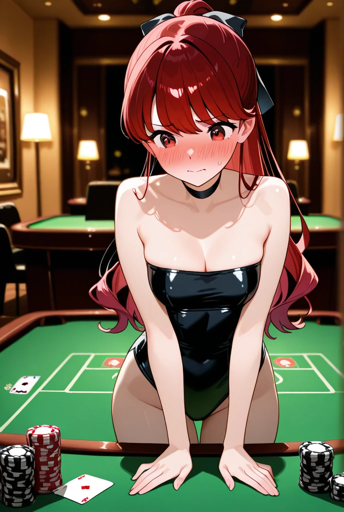 highest quality、Nice sexy body、One Woman、(solo)、((Beautiful busty woman:1.6))、Bunny girl、(Woman with dark red hair:1.3)、Long hair woman、((赤色のBunny girlレオタードを着た女性:1.3))、(Woman wearing red bow tie)、(A woman wearing brown pantyhose)、Smiling woman、((casino、slot、roulette))