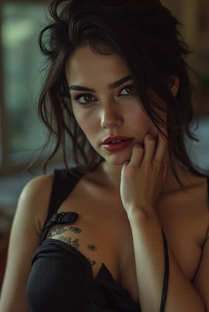 (Mejor calidad, 8K, high resolution, Fotorrealista:2.0), (Una chica:2.0), Bright lighting,raza negra,(mujer mira al espectador) 、(cabello largo 、piel brillante、hermosa chica、Chica con ojos grandes:1.5)、(pechos enormes、Thin waist line:1.5) , ojos bonitos, ojos brillantes, hermosa boca, Hermosos labios, mujer lasciva、(color de pelaje negro:1.5)、 Mujer joven con cabello oscuro y flequillo, estilo gotico, cuerpo cubierto de tatuajes, shorts negros.