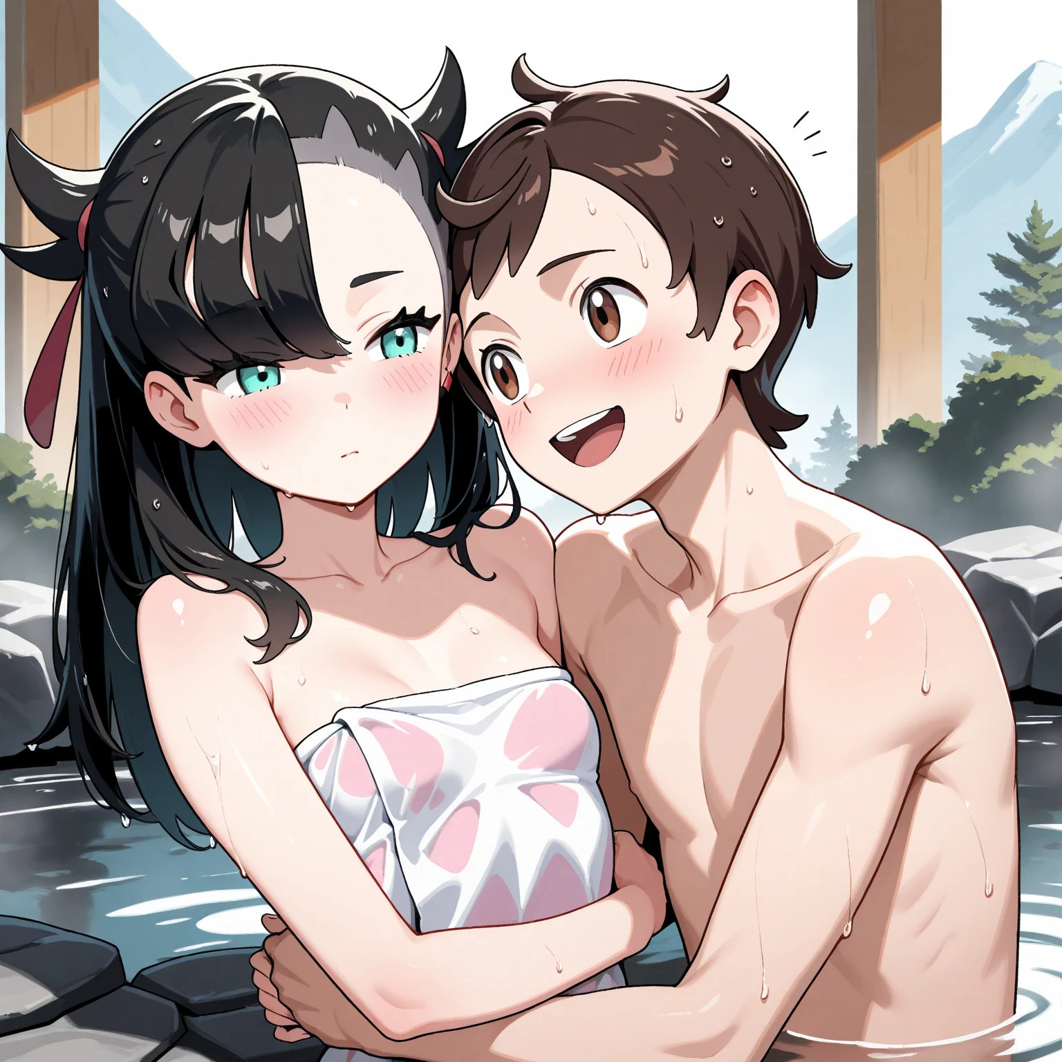 super fine illustrations,1 boy,A little boy 150 cm tall,brunette color hair,blue color eyes,White skin,Heart to eye,Ponytail hairstyle,perspired,Shirtless,Lewd expression,Sexy,Gay,pleasant sensation,vehement,Femininity,(Wear only briefs),There is a milky white liquid on the body,There are pronounced male genitalia,Homosexuality,The erection,Be red in the face,big breasts exposed cleavage,Drooling over male genital details,drenched all over the body,Precise legs,(Conspicuous male genitalia),Animate,Full body like,