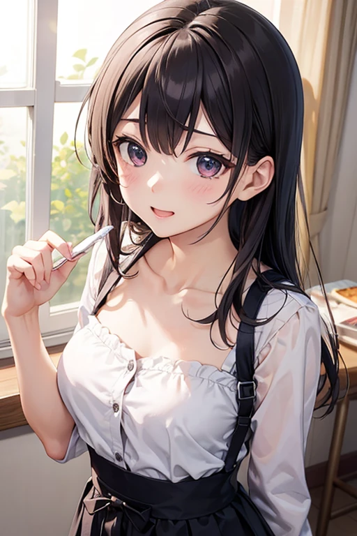 (Hand up:1.5), Biologically correct five fingers、looking up, Shooting from above、Realistic, real person, (pale skin: 1.2), upper body, RAW photo, photorealistic, shiny skin, shiny hair、(A 35-year-old woman with medium-length hair and bangs) and (wavy hair) and (brown hair) and (Orange Eyes) , (white:1.5) and (blouse) 、Cleavage、(blush:1.5), The background is the living room at night、illumination、Alone、Are standing