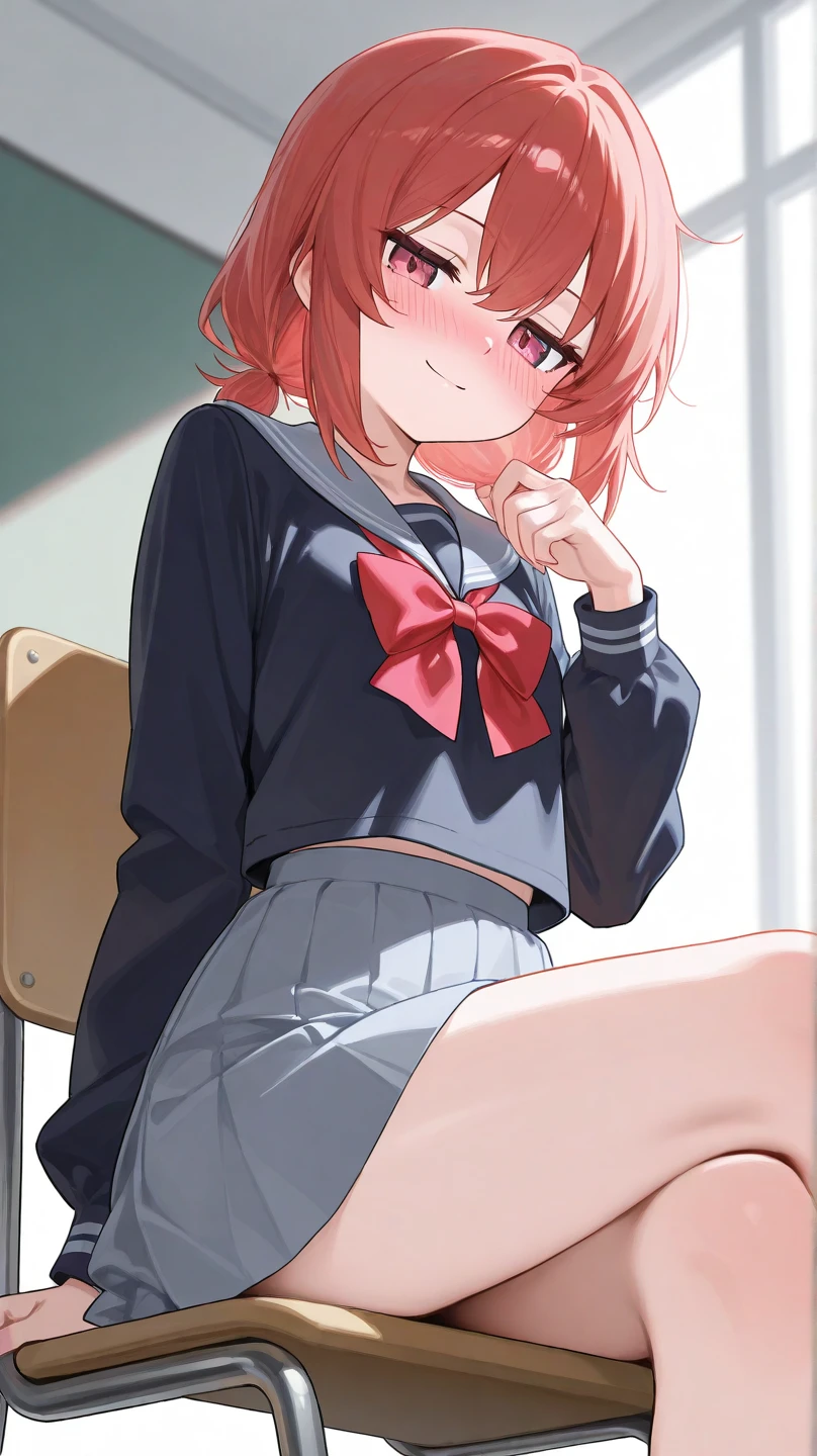 Masterpiece to the smallest detail、top-quality、girl with、17 age、独奏、Looks like 12 years old、150cm petite beautiful girl、small tits、a baby face、red hairs、Gradient bob in the forward、Pink and violet mesh、red eyes、Red eyes、Tall, big eyes、Outstanding looks、A lovely child、proximity、closed_mouth、a smile、red blush、full of shyness、blue headwear、Hats、pink bowtie、校服、 Blue jacket、jaket、skirt by the、Gray skirt shirt、white shirt、an legs、Black socks、sitting on、Classroom、hair_ornament、looking_at_viewer、beatiful detailed eyes、Akame、panties on、lift up one's skirt、Professional effects、