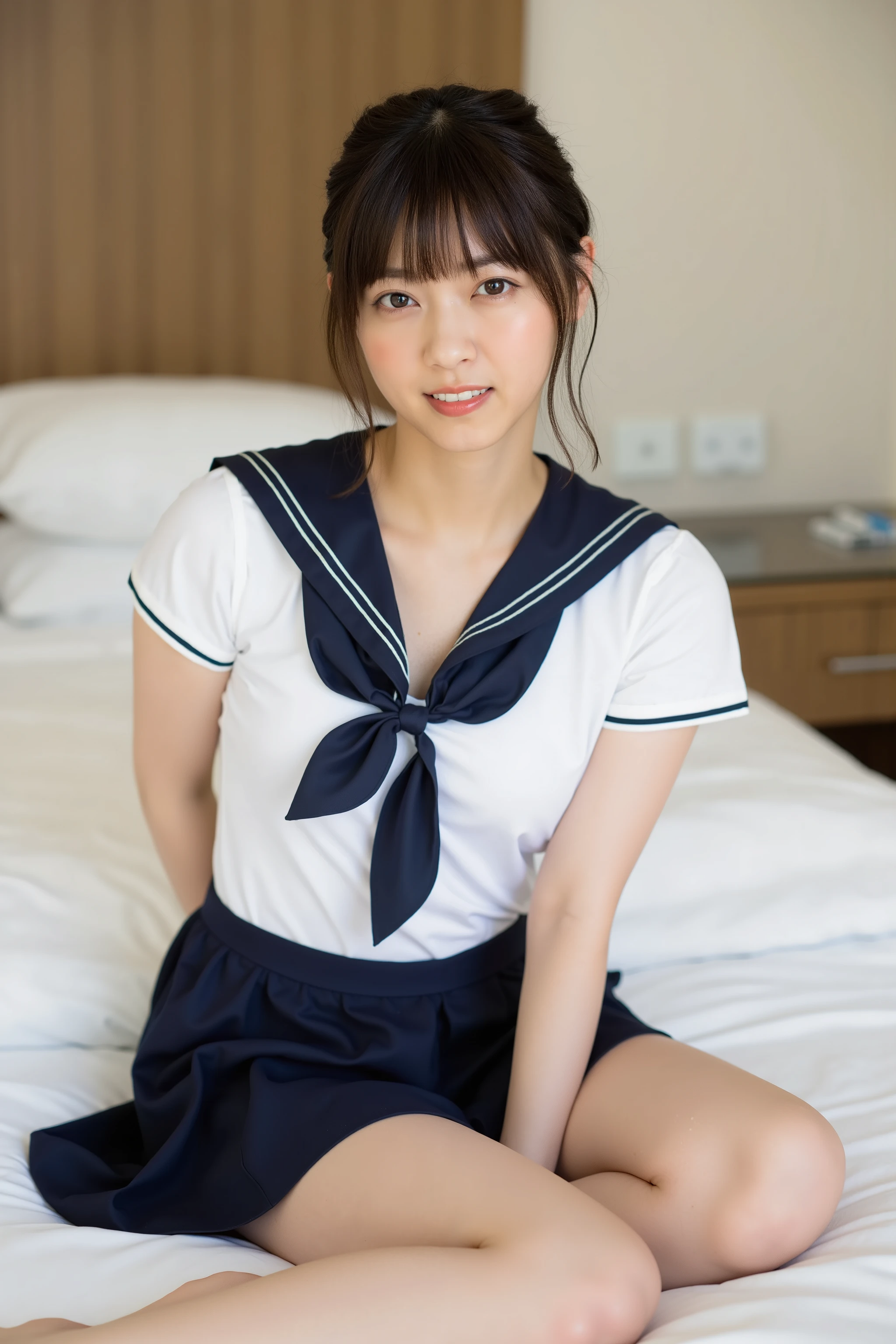 housewife, 32 years old, height: 158cm, ((At the bed)), ((cute:1.4)), Clean atmosphere, clear, Big Breasts, Hard breasts, Big Ass, (Thick lips), Curvy body type, Beautifully styled hair, (High school girl in sailor uniform:1.2), Medium Short, nsfw:1.5, spread legs, legs up, hold own thighs, lying
