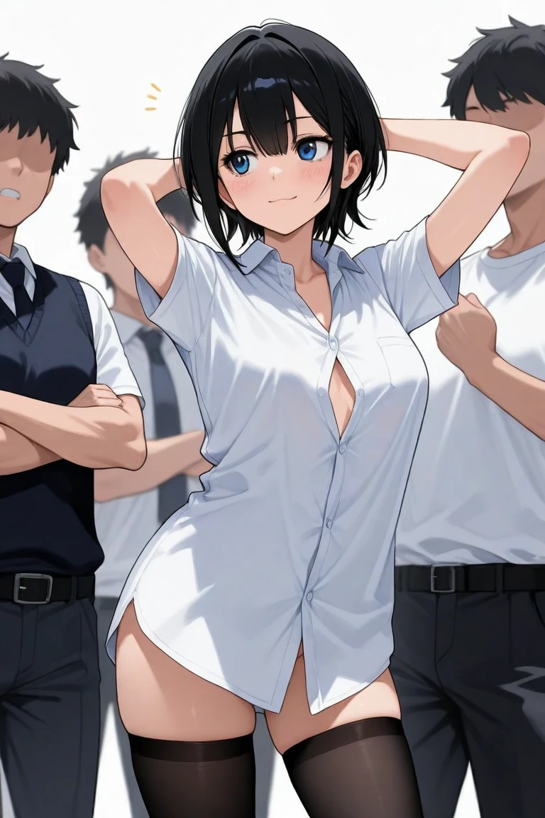 masterpiece,Highest quality,Super quality,School classroom,Cool female student,Short Hair,Black Hair,Hidden,Getting naked,Gather your male friends and hold a photo session,Nipples,pubic hair,Pussy,Detailed face,Natural Lighting,Excited