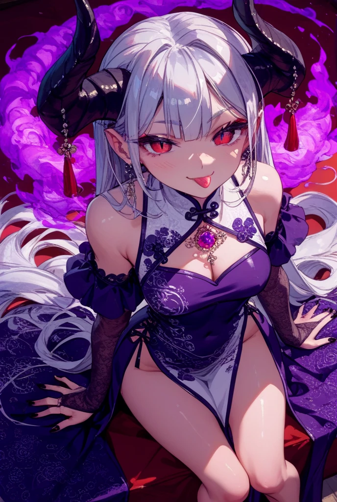 Niña pequeña, White hair,  Violets eyes, slave collar, chains on his neck and arms, demons, (Large round breasts: 0.6),  (Moon demon eyes: 1.18) (kimono: 0.9), (Wide hips: 0.75), (girl face: 0.6), (pale skin: 0.8).
