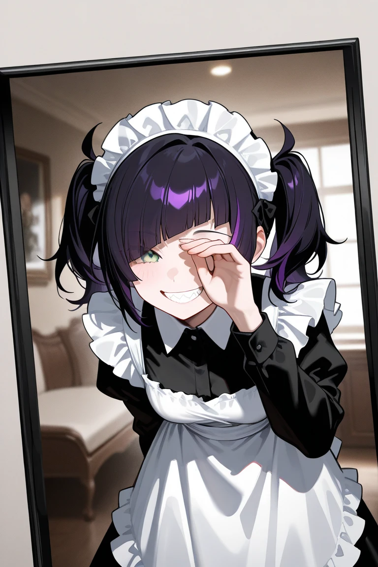masterpiece, best quality, (ageha:1.4), purple hair, red eyes, hidden eye. maid outfil, portrait <lora:ageha_LoRA8:1>