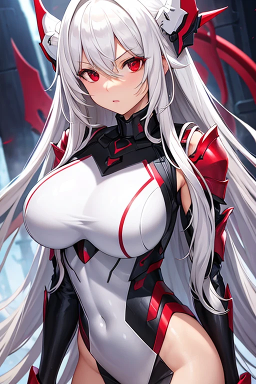 (ultra-definition), Big anime character with red skin and silver hair, Tentacles wriggle behind,thick smooth warframe thighs, Guyver Style, fuchsia skin below the armor, Beautiful Lady in Warframe, Devil's Tail, gynoid body, Commission for high resolution, Widowmaker,