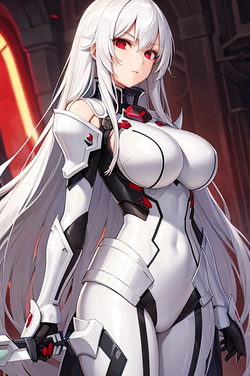 1girl, white hair, leotard, futuristic, bodysuit, thick thighs, wide hips, large breasts, breasts, long hair, red eyes, one eye covered, serious, hair over one eye, science-fiction, thigh strap, sleeveless, black leotard, black gloves, 2d, anime style, anime screencap, hourglass figure, toned