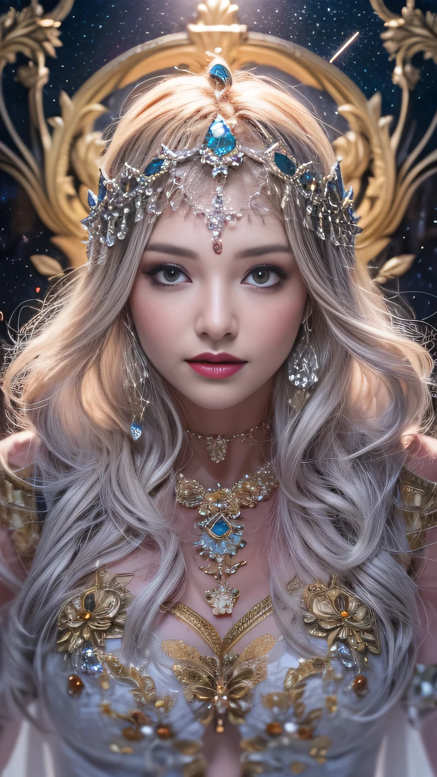 (8k, RAW photo, highest quality, masterpiece: 1), highest quality, (correct anatomy: 1.2), (photorealistic: 1.7), ultra HD, surreal, official art, divine nature, elegant and noble , violet, white, blonde, accurate and perfect human anatomy, knee-high shot, girl, gentle smile, space goddess, sky goddess, cute smile, beautiful face, detailed and perfect face, even and big eyes, perfect proportions, huge breasts, slim waist, navel, wide hips, crotch gap, sexy thighs, naked, standing with arms outstretched, perfect hands and fingers, (beautiful hair accessories, necklace, earrings, expensive jewelry,: 1.5), intricate details, sacredness, chaos, charm, majesty, beautiful psychedelia, highly detailed, intricate, beautiful starry sky, magic of colors , realism, (countless light particles falling from the sky: 1.5), (millions of light particles), background is night sky, lots of stars, full moon,