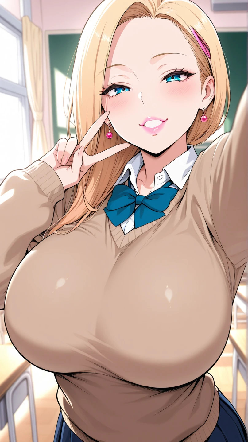 ((Bust-80cm)) ((waist-56cm)) ((hips-88cm)), (beautiful and cute 19 year old girl) (((gyaru)))), ((blonde hair with reddish highlights at the ends, medium length and straight hair, hair clip, hair accessories)), double eyelids, light blue detailed eyes, hyper detailed eyes, light effect on the eyes, detailed iris, has an extremely sensual appearance, with incredible breasts and perfect waist, and an extremely sexy body, ((sensual school uniform with anime style, long sleeves, cowboy shot, Pleated skirt with accessories, short skirt, black thigh-high stockings, beautiful makeup, ((masterpiece, hyper realistic, hyper detailed , best quality, 16k, Light and shadow effect on skin, vivid colors)), eyeliner, passionate expression, perfect pink lips, innocent and sexy face, shy smile, ((beautiful skin color)), beautifully seductive, passionate, embarrassed, ((she is beautiful)), cute pose from the front, flirting with the viewer, seductive look, (slightly inclined pose), in the classroom