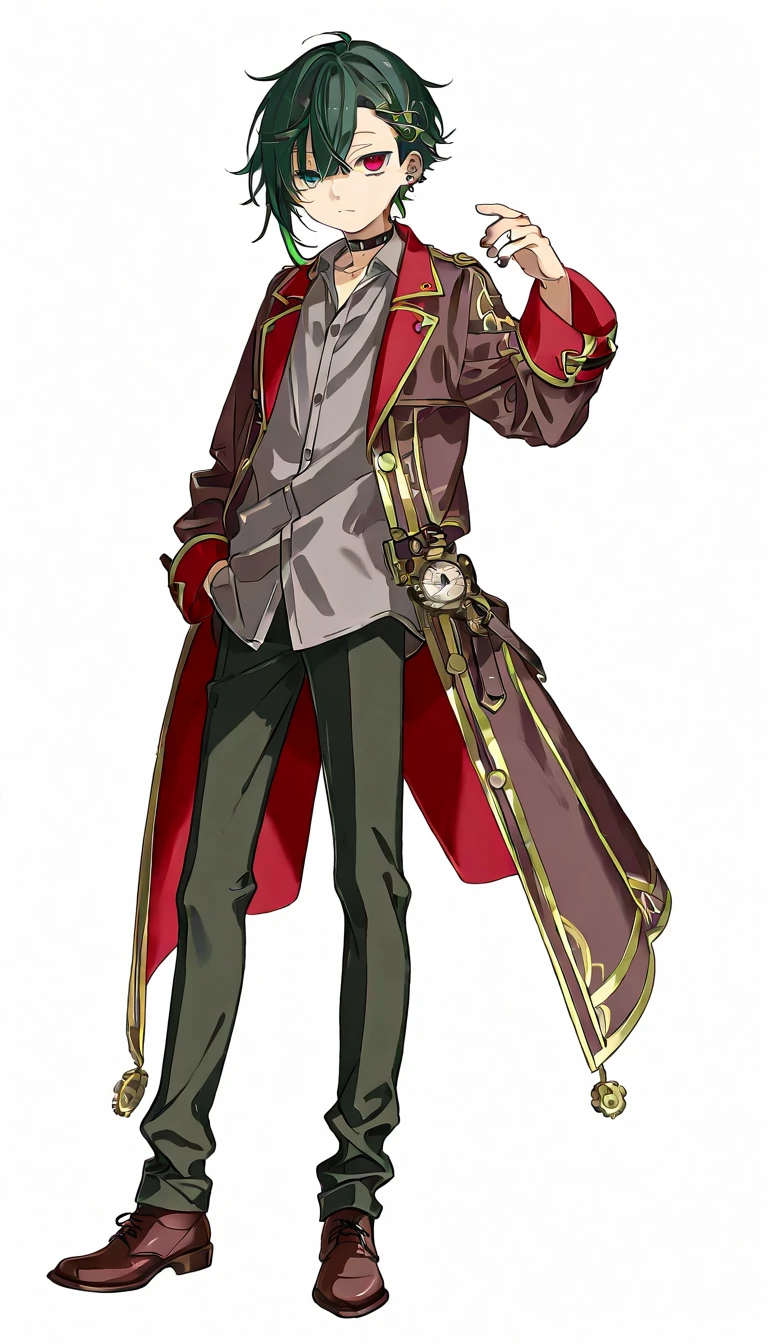 High quality, <lora:Style-add_detail:1>,(Beautiful), ((masterpiece)),vibrant colors,ArenaOutfit,1boy, male focus, solo,belt, skull, pants, white shoulder coat,green undercoat, red eyes, standing, long sleeves, skeleton, full body, (gold) and brown boots, coat, polearm, patterned coat, cross pattern at hip,orange shirt cuffs, <lora:Ainz2ep4re:1>