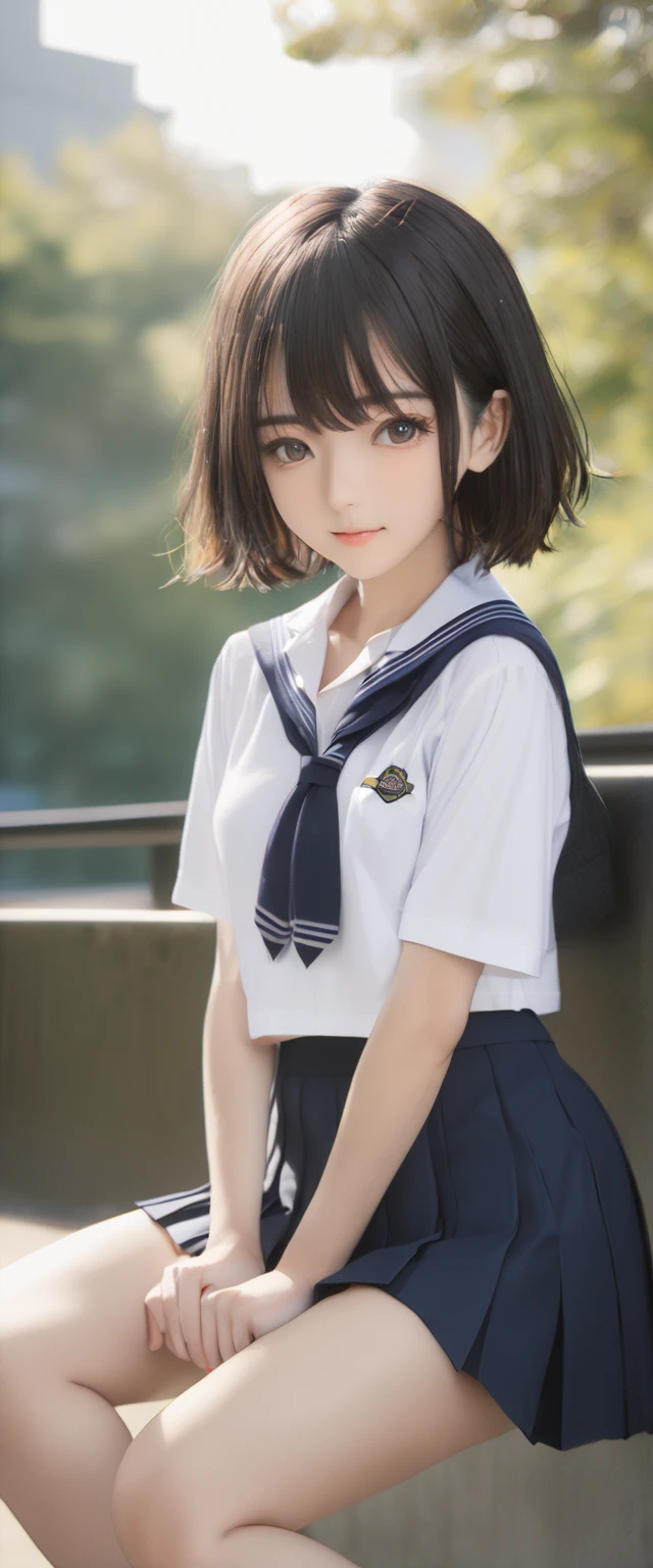 Black Hair、(School-designated sailor uniform:1.3)、short hair、hair accessory、Laugh a little、See-through、High-quality panties available、(Highest quality,masterpiece:1.3,Ultra-high resolution,),(Ultra-detailed,Caustics),(Photorealistic:1.4,RAW shooting,)Ultra-Realistic Capture,Very detailed,High resolution 16K human skin closeup。 The skin texture is natural、