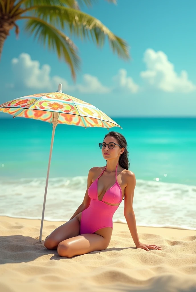  {best quality}, {very aesthetic}, {ultra-detailed}, {8K}, {Super elaborate face}, {Super-smart body},　Seaside poolside, Beautiful woman in a swimsuit wearing sunglasses, Cocktail,　Bright atmosphere, flat chest,　1girl,　Sit on a chair,